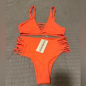 TiniBikini Bright Orange Ribbed Swim Set